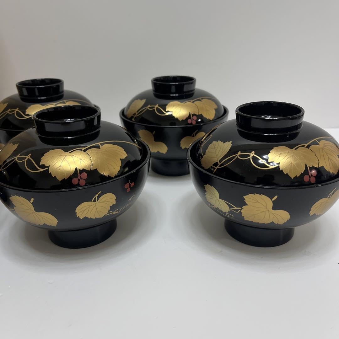Amazon.co.jp: 極会津塗 吉野吸椀 金蒔絵 蔦唐草 お吸物椀 5客